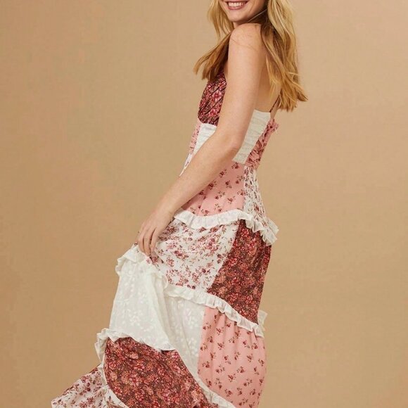 Brown Boho Women's Floral Maxi Dress with Lace Patchwork and Ruffle Details - Picture 4 of 6